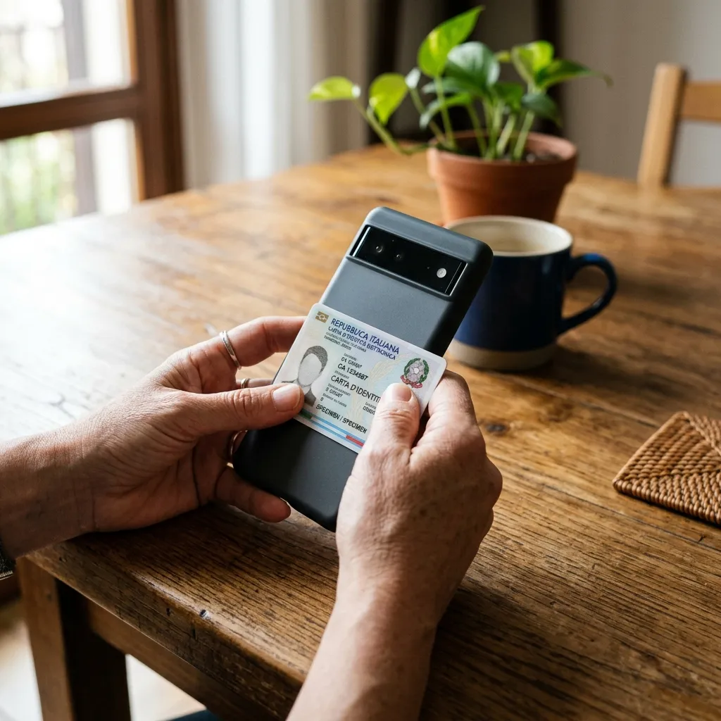 Mani che posizionano la Carta d'Identità Elettronica sul retro di uno smartphone