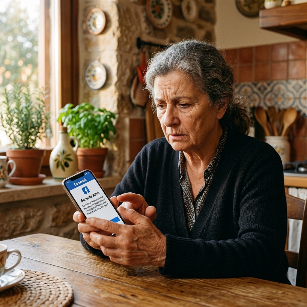 Persona preoccupata guarda il telefono con un avviso di sicurezza Facebook