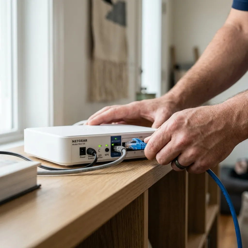 Mani che collegano un cavo Ethernet al modem domestico