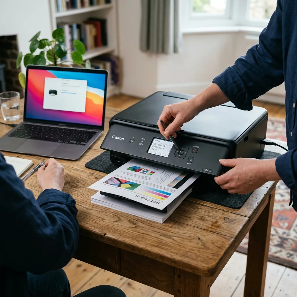 Tecnico che configura una stampante domestica vicino a un laptop